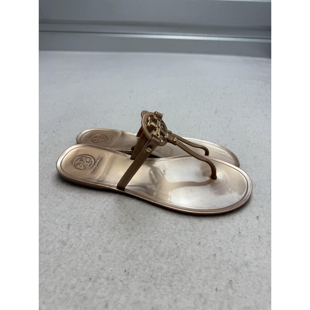 Tory Burch Jelly Thong Sandals Women's Size 7 Gold Logo Medallion Flat Slip On
